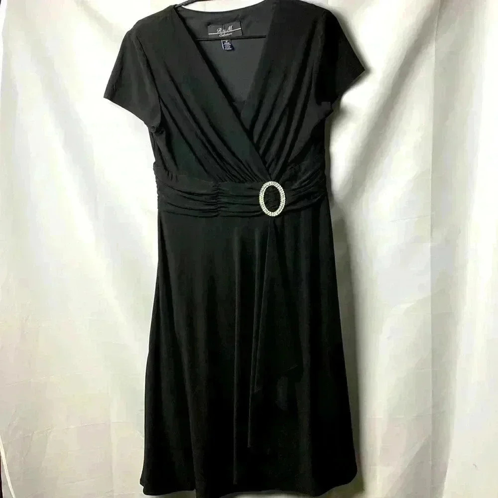 R&M COLLECTION WOM SIZE 12‎  BLACK DRESS FAUX WRAP RHINESTONE ACCENT AT WAIST